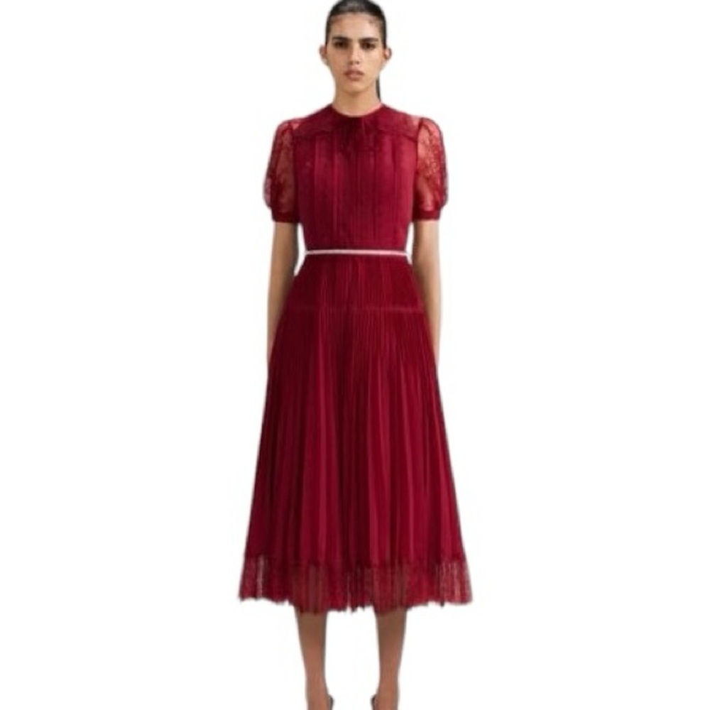 Self Portrait Burgundy Lace Trim Pleated Midi Dress Womens Size UK8 US 4 Belted